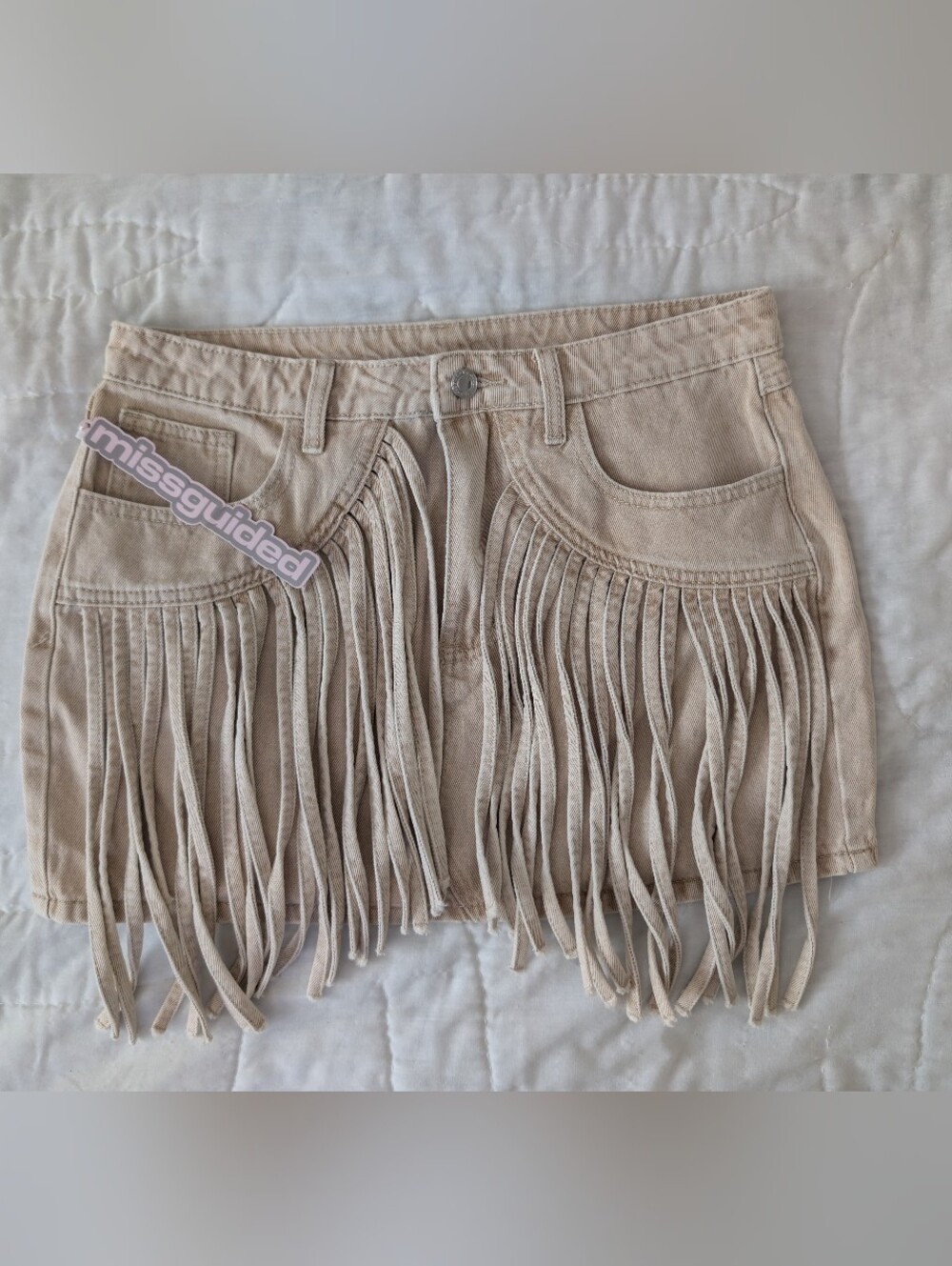 Missguided Beige Fringe Suede-Style Mini Skirt